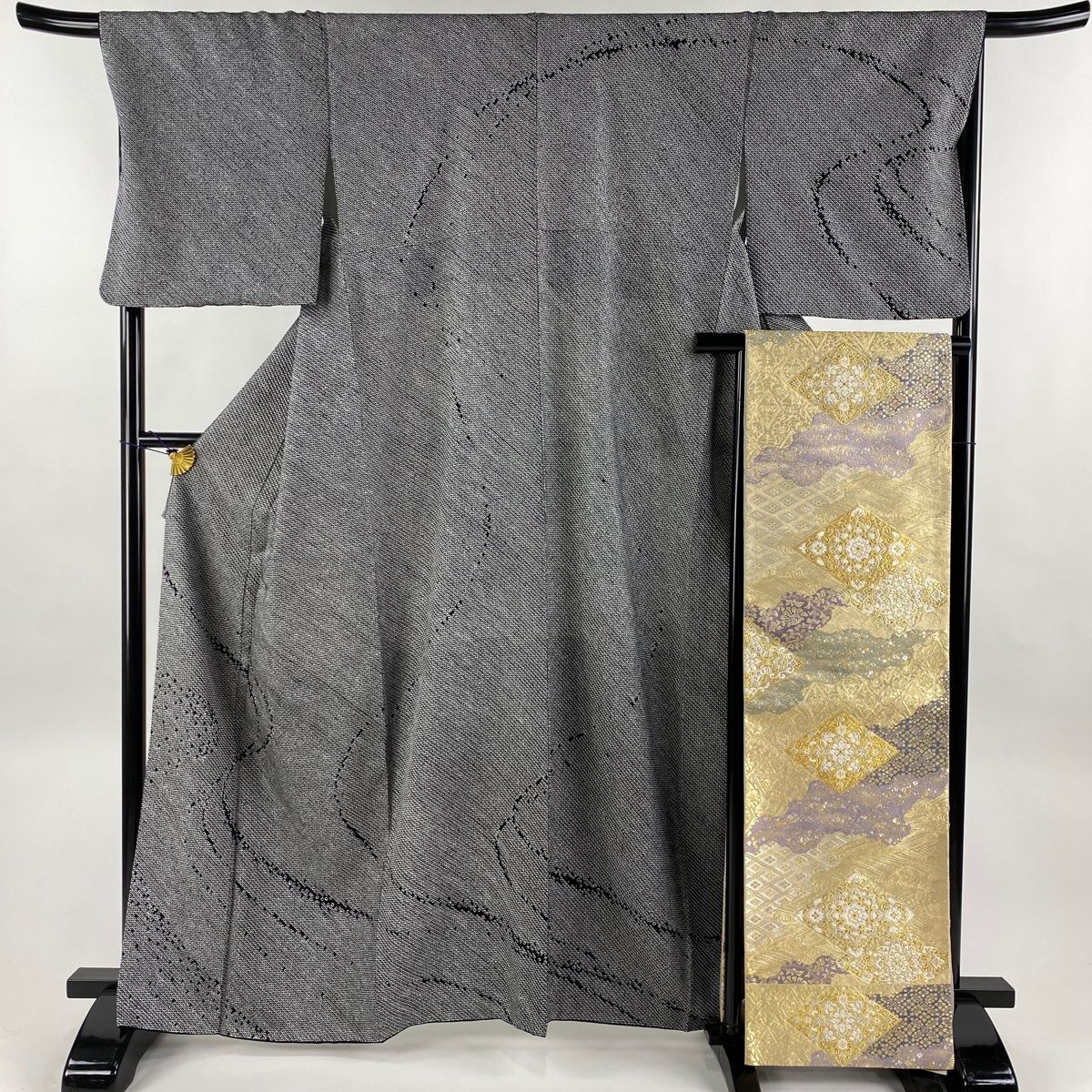 訪問着 身丈163.5cm 裄丈69cm L 袷 袋帯セット 流水 総絞り 黒 正絹 美品 秀品 【】