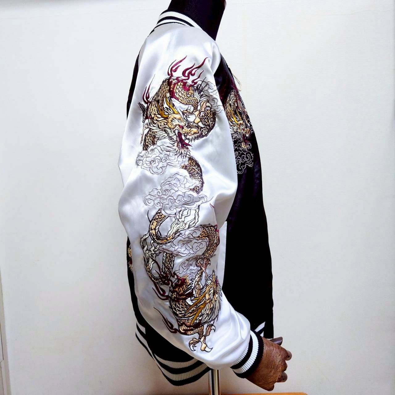 ☆【朧 -OBORO-/双龍 龍 袖龍/スカジャン サテン/総刺繍】長袖