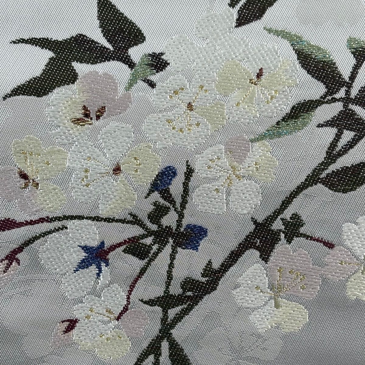 袋帯 秀品 本袋帯 リバーシブル 枝桜 霞 箔 灰色 六通 正絹