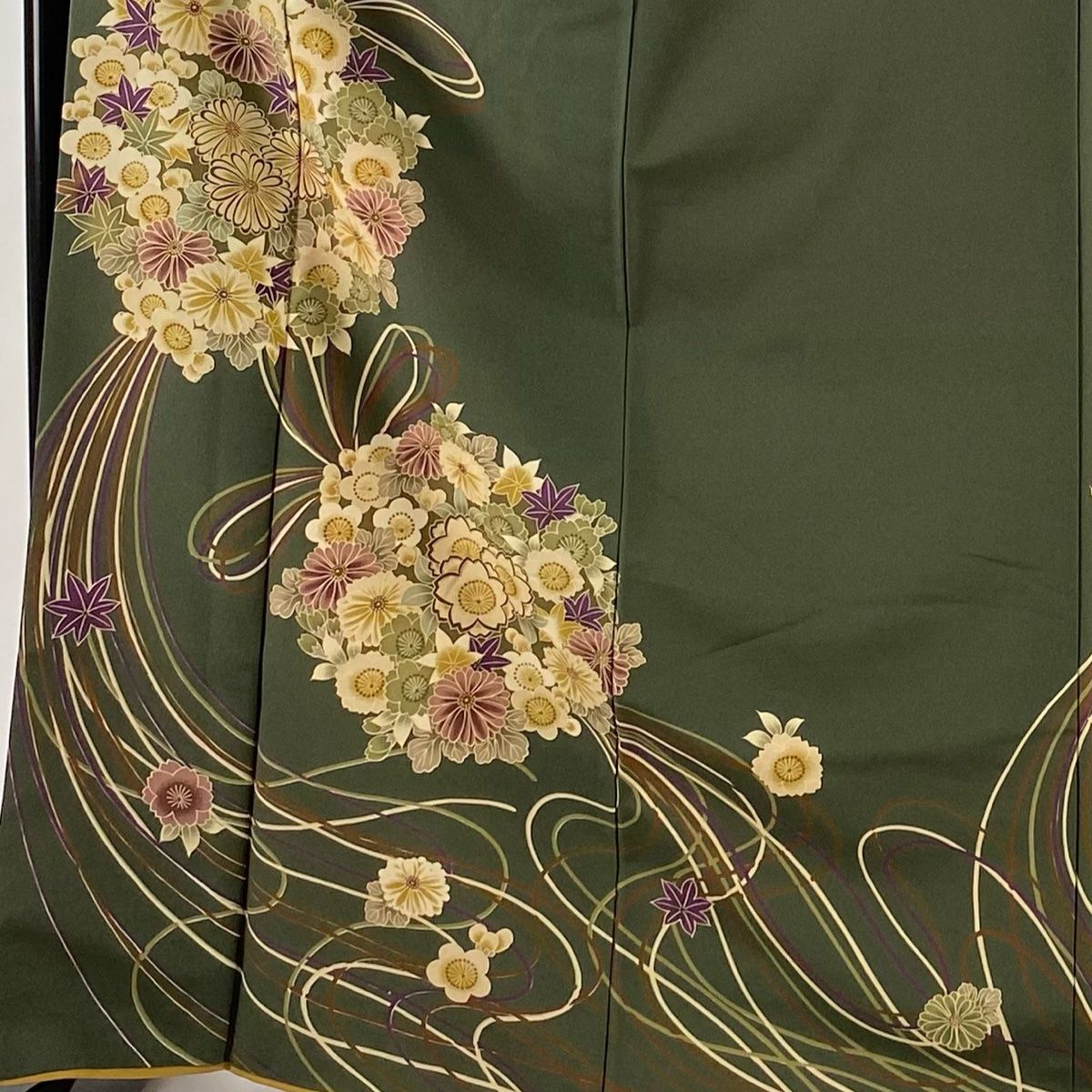 振袖 身丈167cm 裄丈65cm M 袷 薬玉 茶緑色 正絹 秀品 五つ紋