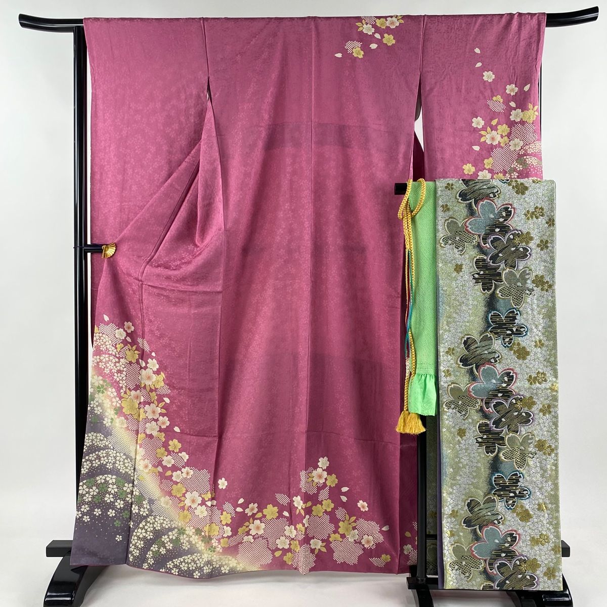 振袖 身丈165.5cm 裄丈66cm M 袷 袋帯フルセット やまと 桜 波 金銀彩 染め分け ピンク 正絹 名品