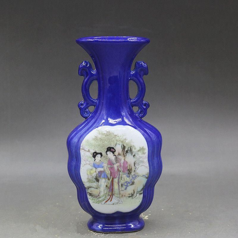 斉藍釉開窓西廂記両耳瓶  景徳鎮 陶磁器 装飾品 現代工芸品 美術品 置物 斉藍釉開窓西廂記両耳瓶 景徳鎮 陶磁器 装飾品 現代工芸品 美術