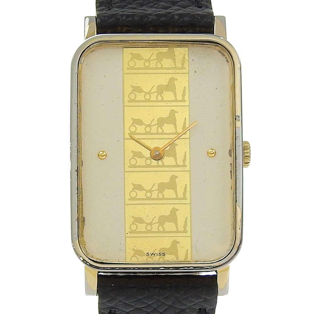 HERMES ロック型時計 ゴールド HERMES】エルメス アンティーク 金メッキ×型押しレザー クオーツ