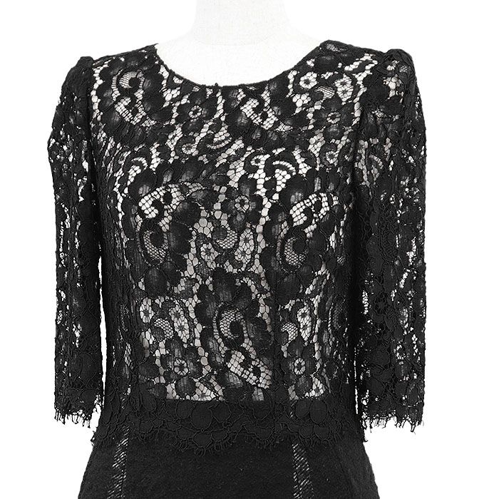 DOLCE - GABBANA ドルチェ アンド ガッバーナ ワンピース レース × ブークレニット 花柄 フローラル × ウィンドペン チェック コンビネーション アルパカ モヘア混 ショートスリーブ 半袖 ドレス レディース 40 黒 イタリア製