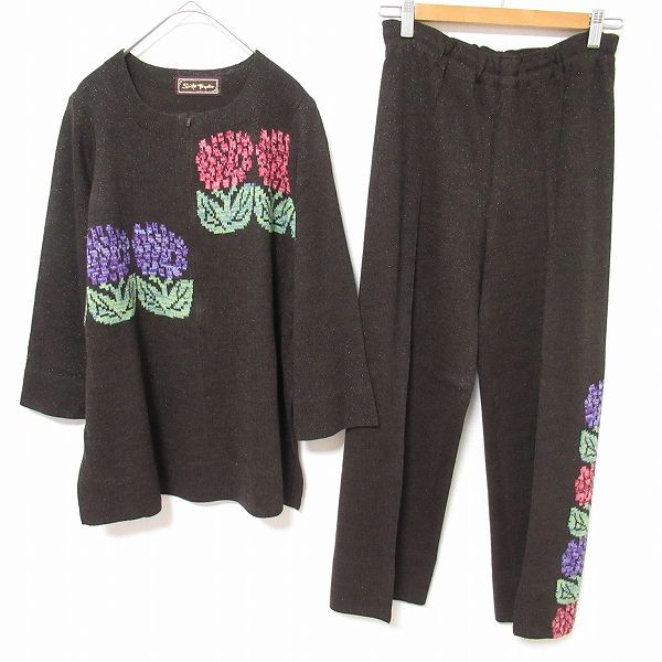 サイトウトヨコ 斉藤都世子 パンツスーツ セットアップ ラメ 花柄 ジップアップ ニット レディース a964507ss