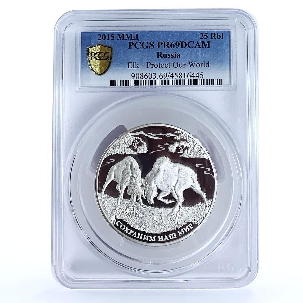 Rsia 25 rubles Endangered Wildlife Elks Animals Fauna PR69 PCGS Ag coin 2015