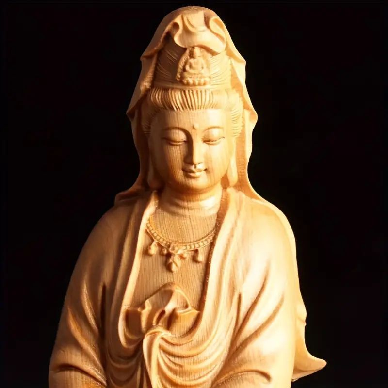 超絶技巧　観音像 約31cm 職人技　彫刻　ハンドメイド 精緻な観音菩薩フィギュア 手作り木製観音像 1個 エレガントで