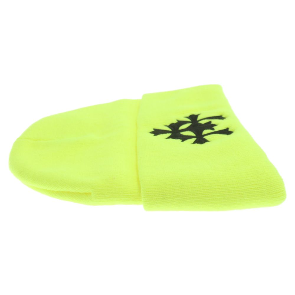 CHROME HEARTS (クロムハーツ) WATCH CAP TRIPLE CROSS BEANIE NEON YELLOW ワッチキャップ セメタリークロス刺繍ビーニーニットキャップ イエロー