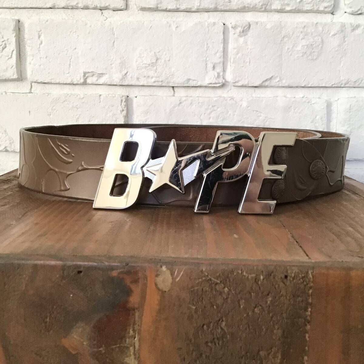BAPE STA 型押し レザー ベルト Lサイズ ブラウン a bathing ape star leather belt エイプ ベイプ アベイシングエイプ BAPESTA NIGO