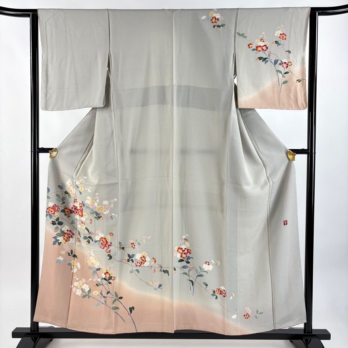 訪問着 身丈156cm 裄丈62cm S 袷 落款 枝花 ぼかし 灰緑 正絹 秀品