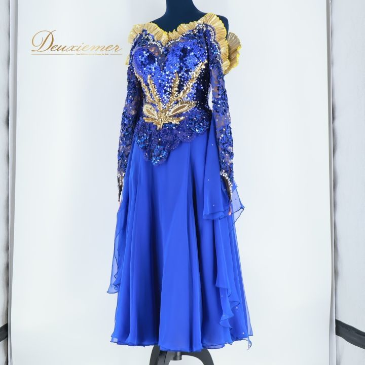 【美品】青 社交ダンスドレス フリル付き セパレートタイプ 社交ダンス 衣装 スタンダードドレス スタンダード ドレス