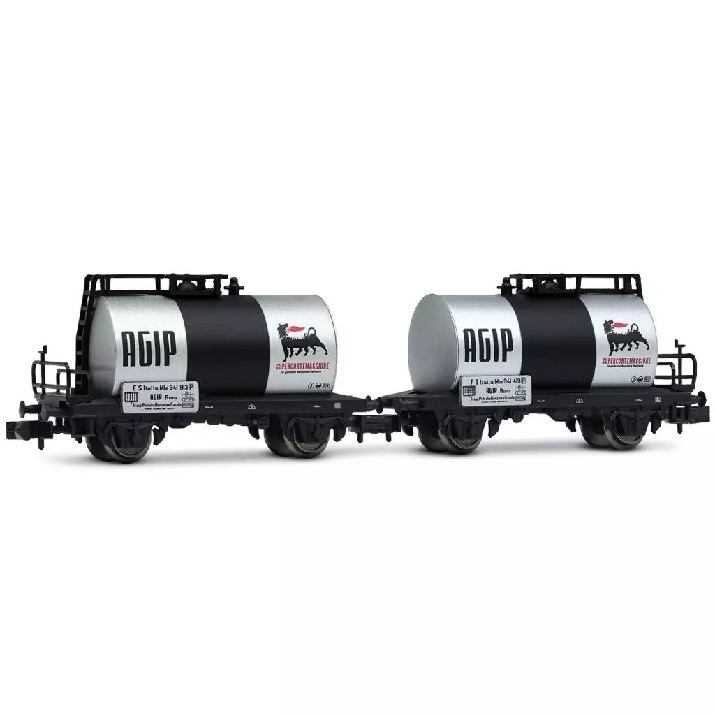 鉄道模型 1|160 FS. 2-unit pack 2-axle tank wagons. ”Agip” dark grey livery. ep. III-IV HN6700