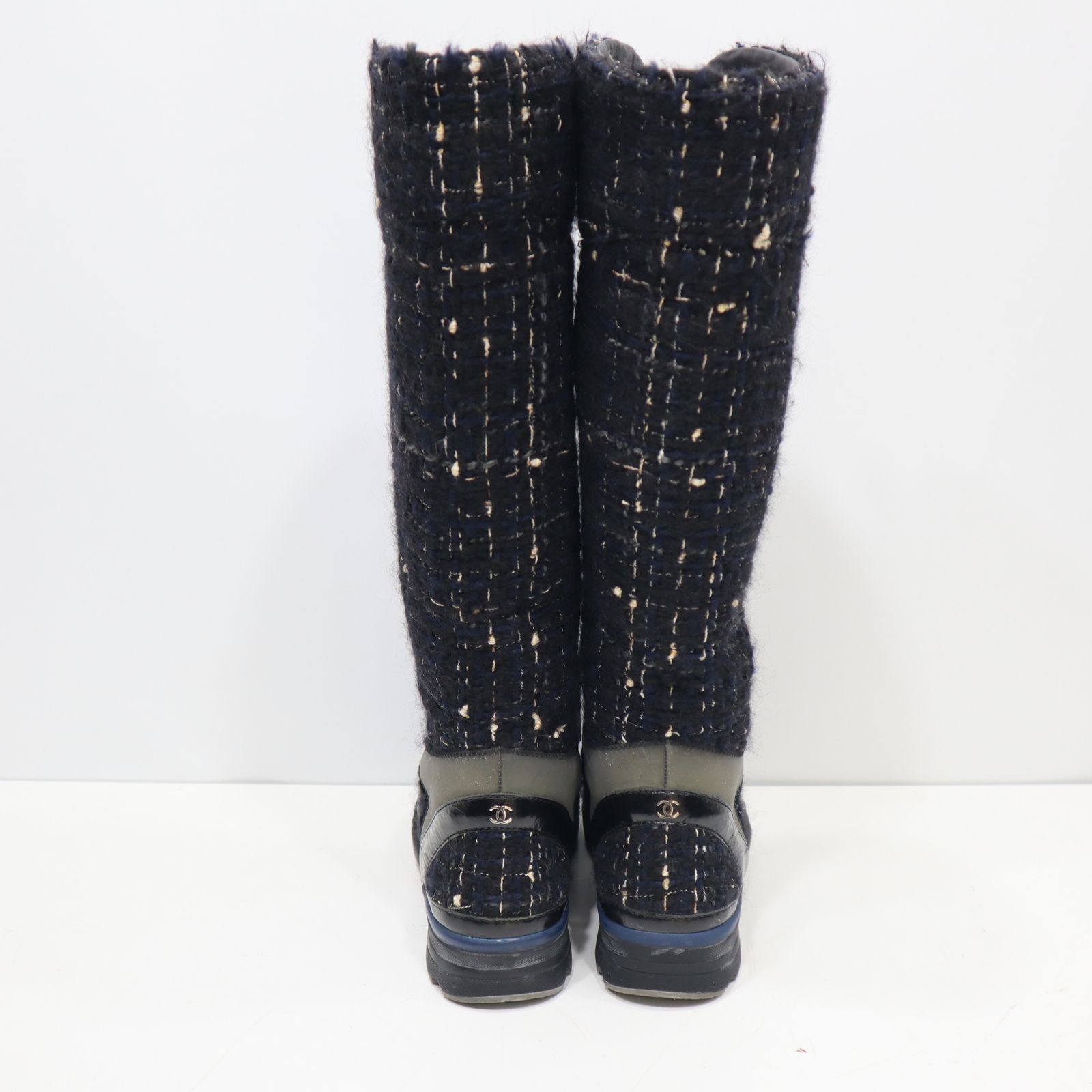 シャネル　箱あり　ブーツ　ロングブーツ　38.5 美品 CHANEL シャネル ロングブーツ ツイード T G30443 37 ブラック