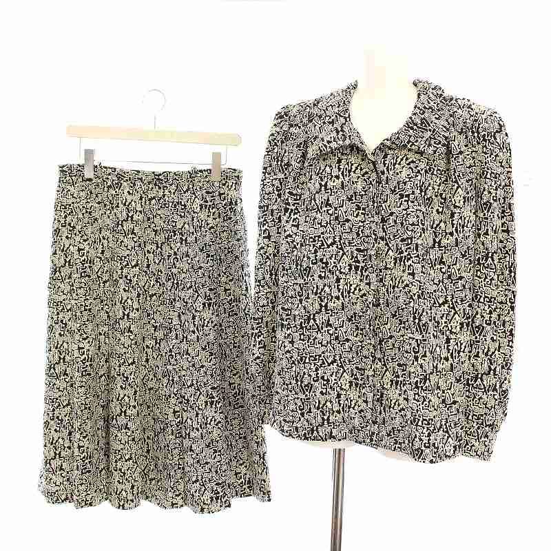 レリアン Leilian セットアップ 上下 総柄 シャツ ジャケット スカート ひざ丈 大きいサイズ 13 白 黒 |YM