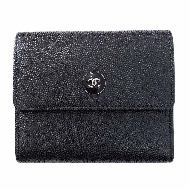 シャネル 美品 三つ折り財布 ウォレット 22番台 ココマーク キャビアスキン