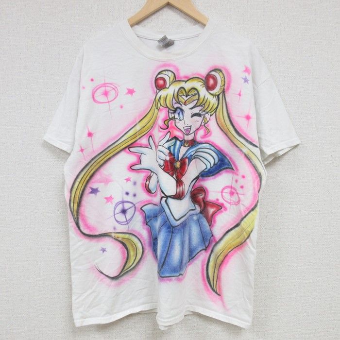 XL/古着 半袖 Tシャツ メンズ アニメ 美少女戦士セーラームーン ハンドペイント 大きいサイズ コットン クルーネック 白 ホワイト spe 24ma
