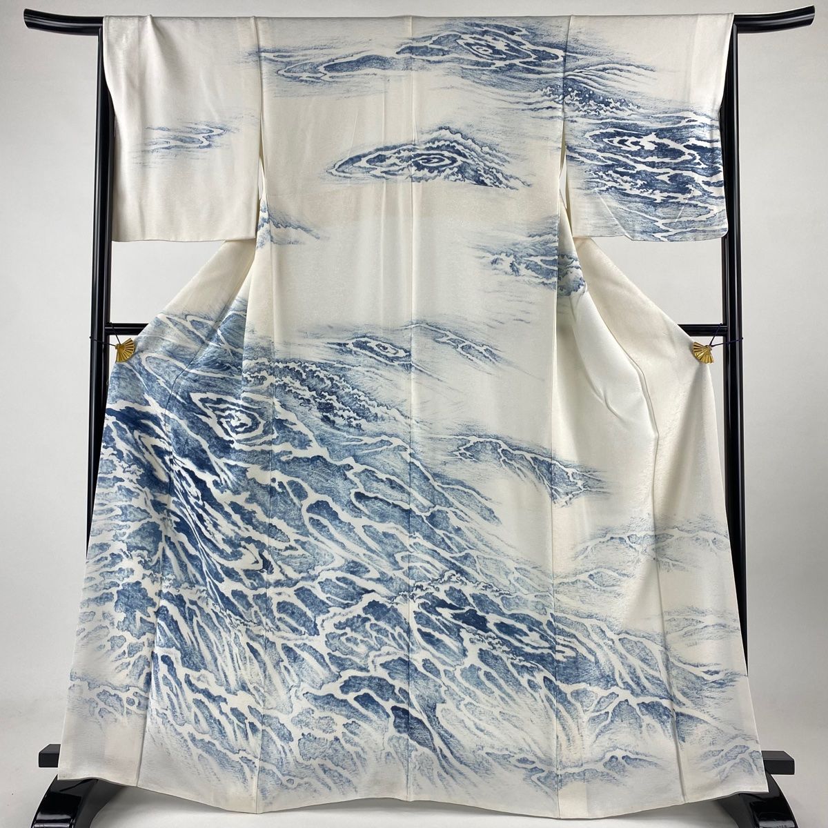 訪問着 身丈164cm 裄丈66.5cm M 袷 波 松 クリーム 正絹 名品