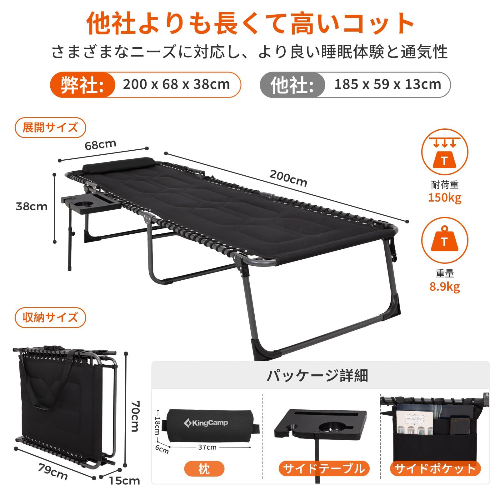 廃番 68 x 200 大きいサイズ x 簡易ベッド リクライニング キャンプ ビーチチェア 38 5段階調節 コット チェア ベンチ三用 耐荷重150kg アウトドア cm 折りたたみベッド ワイド サマーベッド KingCamp