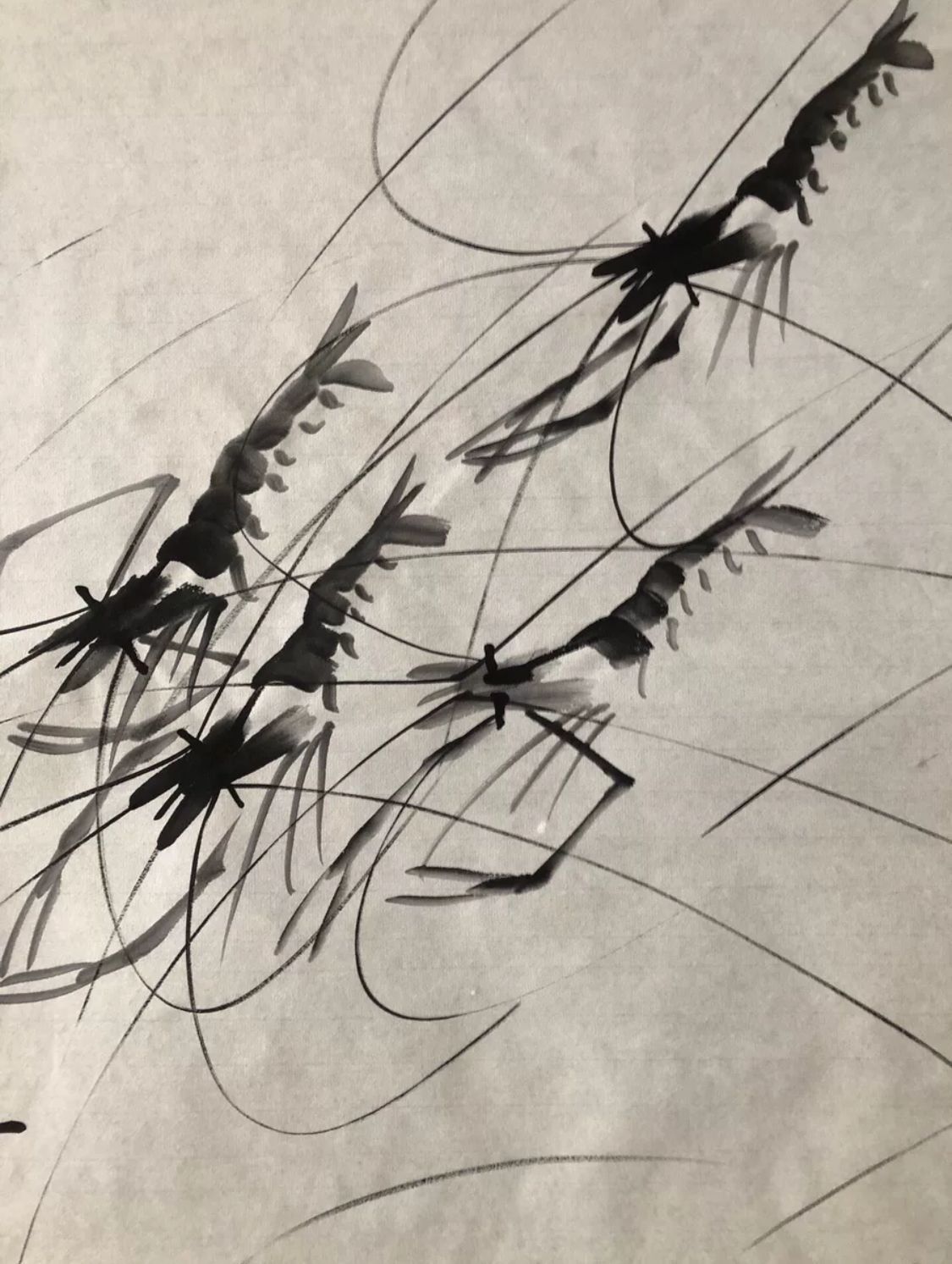 中国古美術・純手描き三尺エビ-画芯・水墨画・斉白石印款・肉筆・宣紙・茶道・国画 中国古美術・純手描き三尺エビ-画芯・水墨画・斉白石印款・肉筆