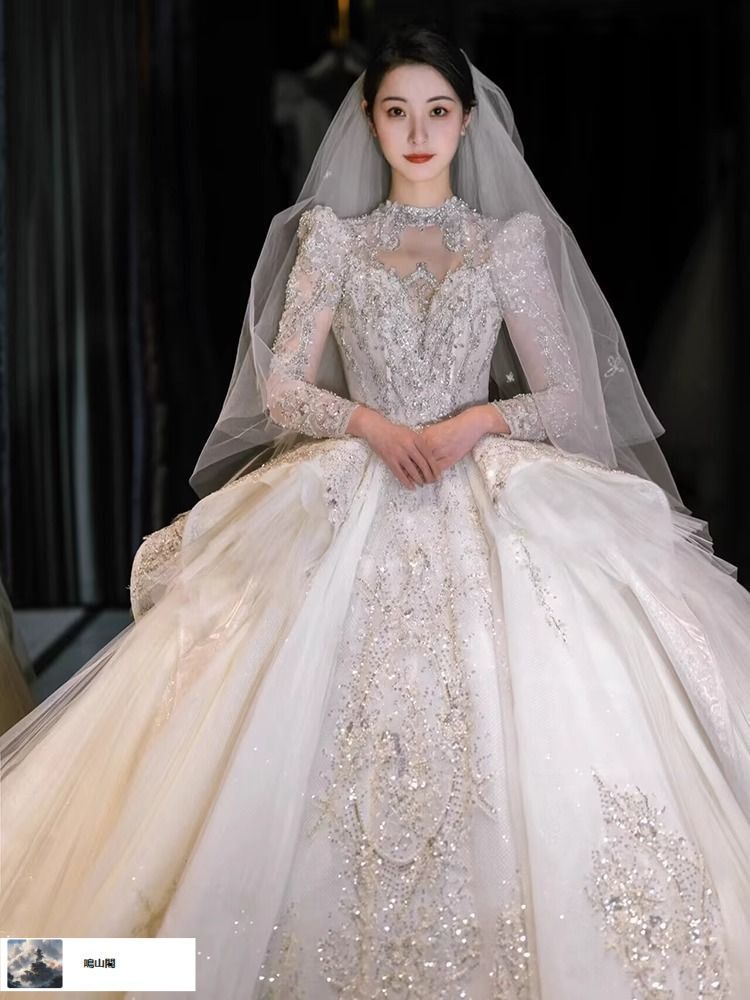 送料無料 長袖ウェディングドレス 法式宮廷風 感重工仕立て 大きなロングトレーン 冬用サイズ展開あり-8.15LYC680夏の新生活