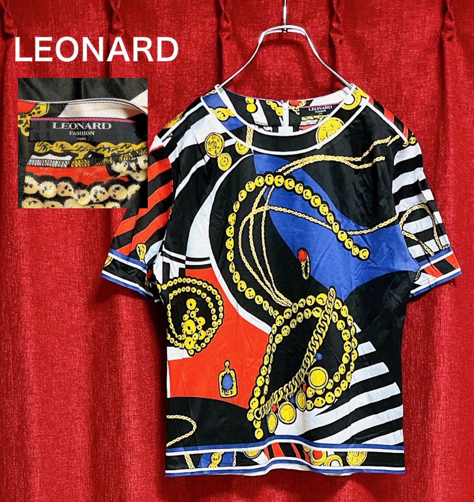 レオナール LEONARD 総柄 Tシャツ レディース 赤 黒 青 白 金 L 春夏 カットソー 半袖 ブラック レッド ブルー ホワイト ゴールドチェーン