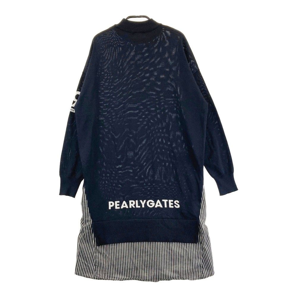 サイズ：1 PEARLY GATES パーリーゲイツ  ハイネック 長袖ニットワンピース ストライプ柄 ネイビー系 [240101434702] ゴルフウェア レディース ストスト サイズ：0 PEARLY GATES パーリーゲイツ ハイネック 長袖ニット
