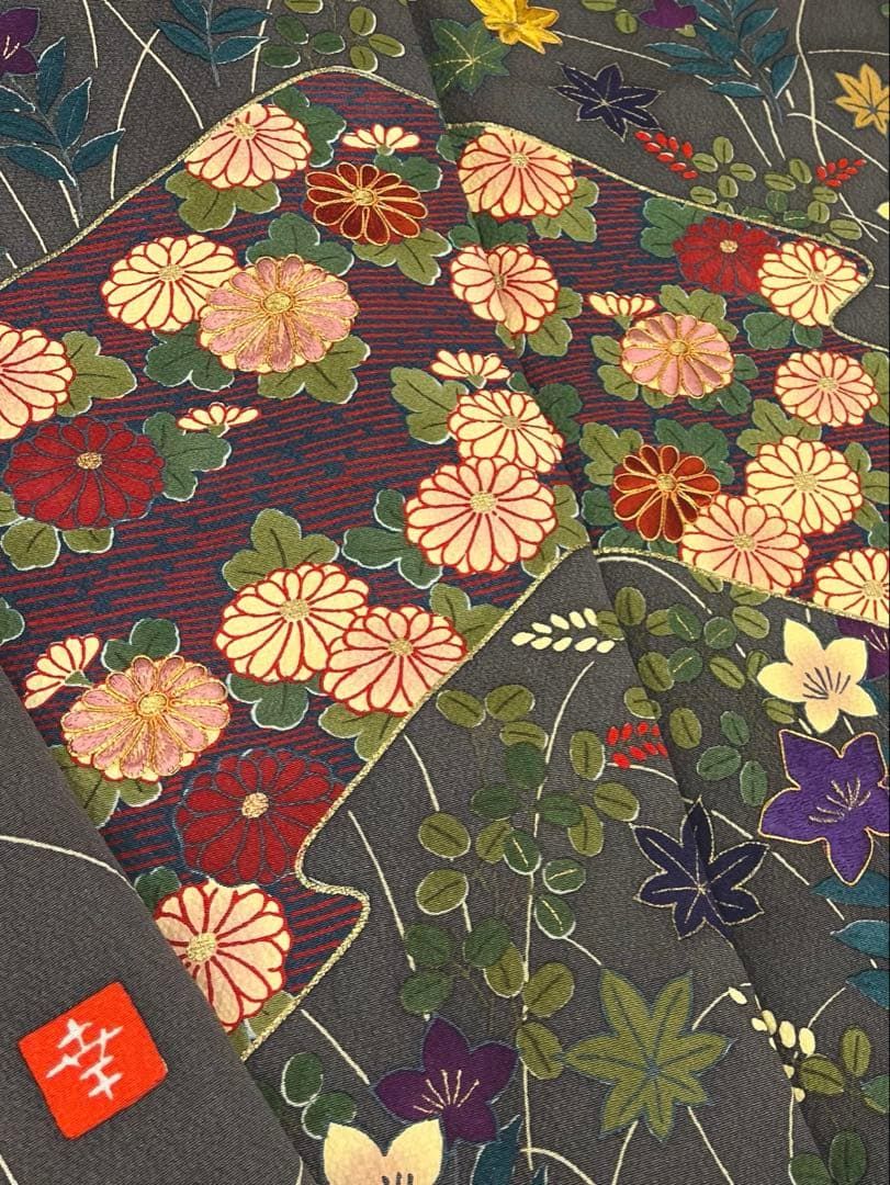 花井幸子 落款入 訪問着 刺繍 金彩 ちりめん 正絹 躾糸付き X415 