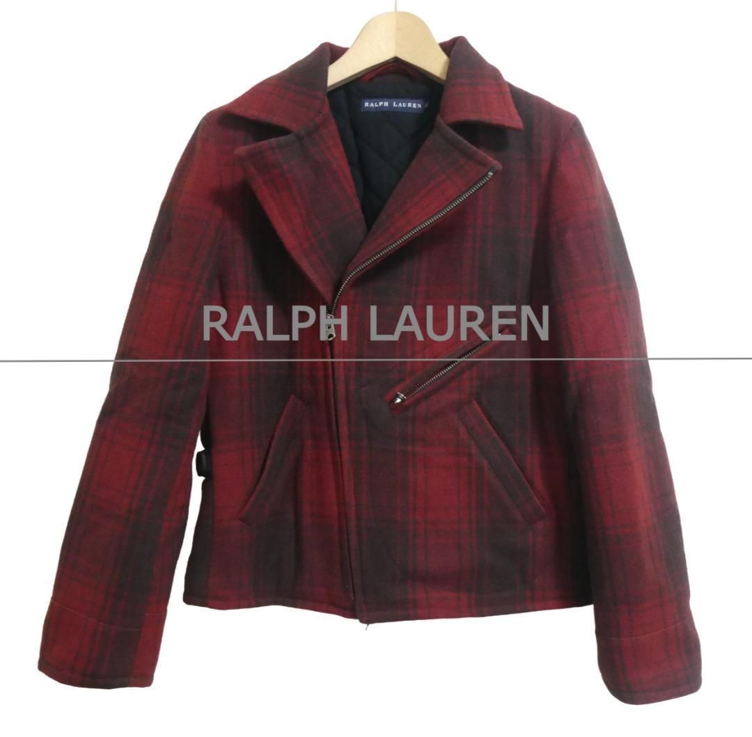 RALPH LAUREN ラルフローレン ライダースジャケット ブルゾン パデッドジャケット 中綿 裏地キルティング マドラスチェック柄 ウール レッド サイズ7 レディース