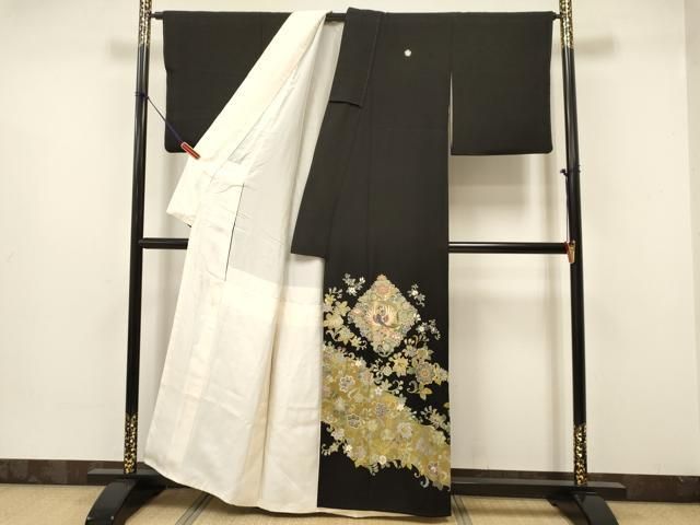 平和屋着物□豪華黒留袖 駒刺繍 鳳凰更紗花唐草文 金彩 正絹