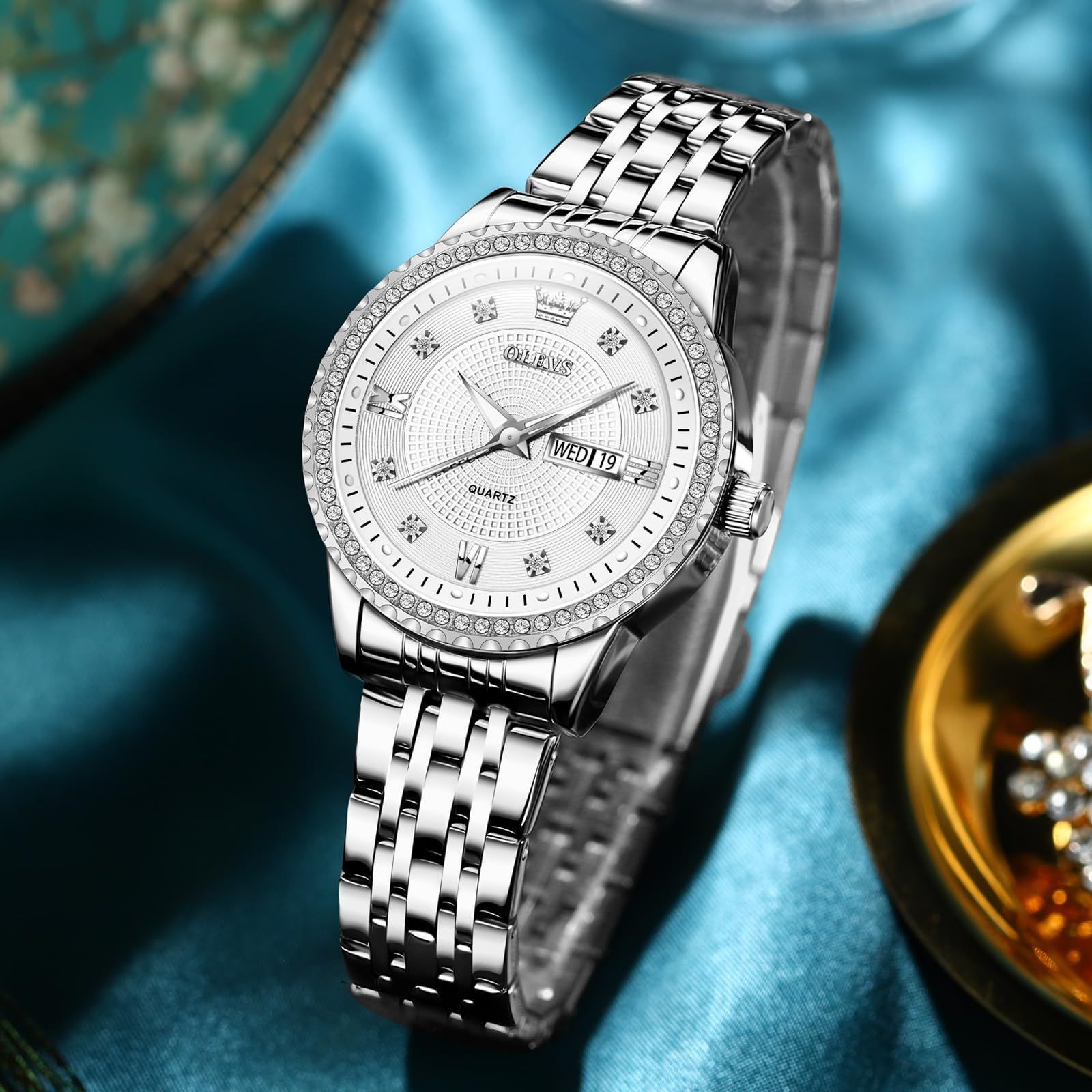 OLEVS 腕時計レディース 日付 腕時計 蓄光 防水 レディース オシャレ 腕時計 人気 ビジネス ホワイト シルバー 腕時計 ステンレス かわいい 見やすい ダイヤクリスタル レディース とけい腕時計 Watch for WOMEN