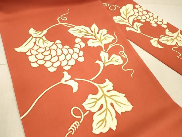 平和屋着物○塩瀬 九寸名古屋帯 駒刺繍 葡萄蔦の葉文 金糸 正絹 逸品