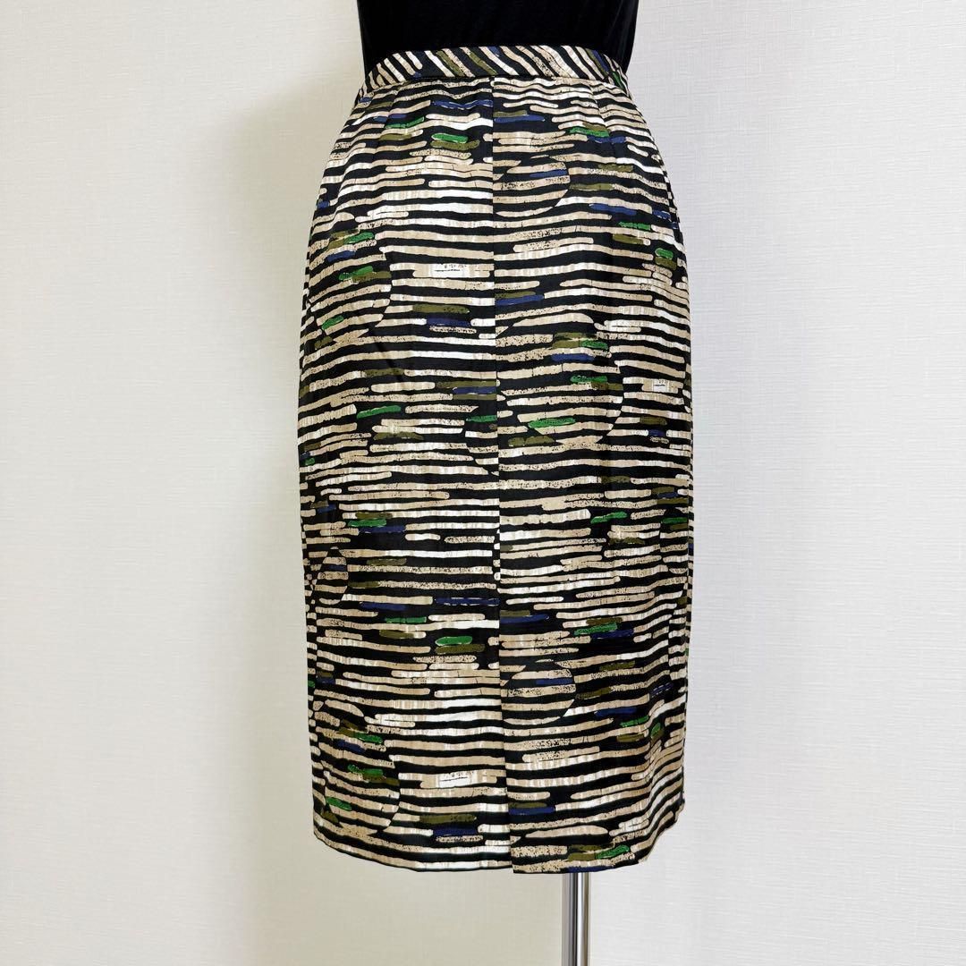 Leilian レリアン タイトスカート 9号 M相当 幾何学柄 ブラック ベージュ グリーン ネイビー ポリエステル×キュプラ 裏地付き フォーマル オフィス きれいめ WWW_SIROKUMA-CORPORATION_COM