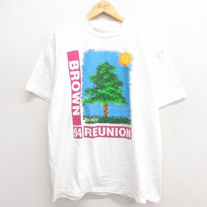 XL/古着 半袖 ビンテージ Tシャツ メンズ 90s BROWN REUNION 木 コットン クルーネック 白 ホワイト 24mar15 中古
