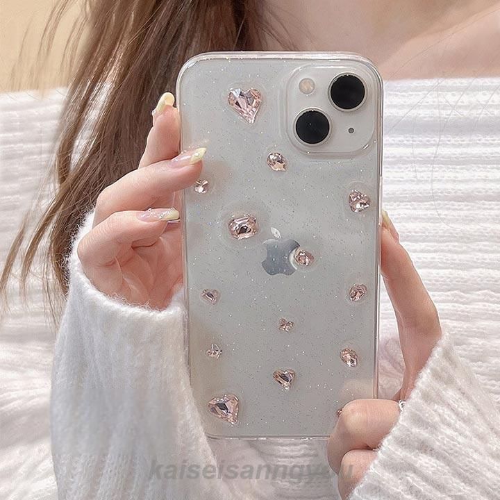 iPhone15ケース 透明 半透明 クリア おしゃれ 大人可愛い ラインストーン ビジュー ピンク ラメ アップルロゴ アップルマーク iphoneケース アイフォン15ケース