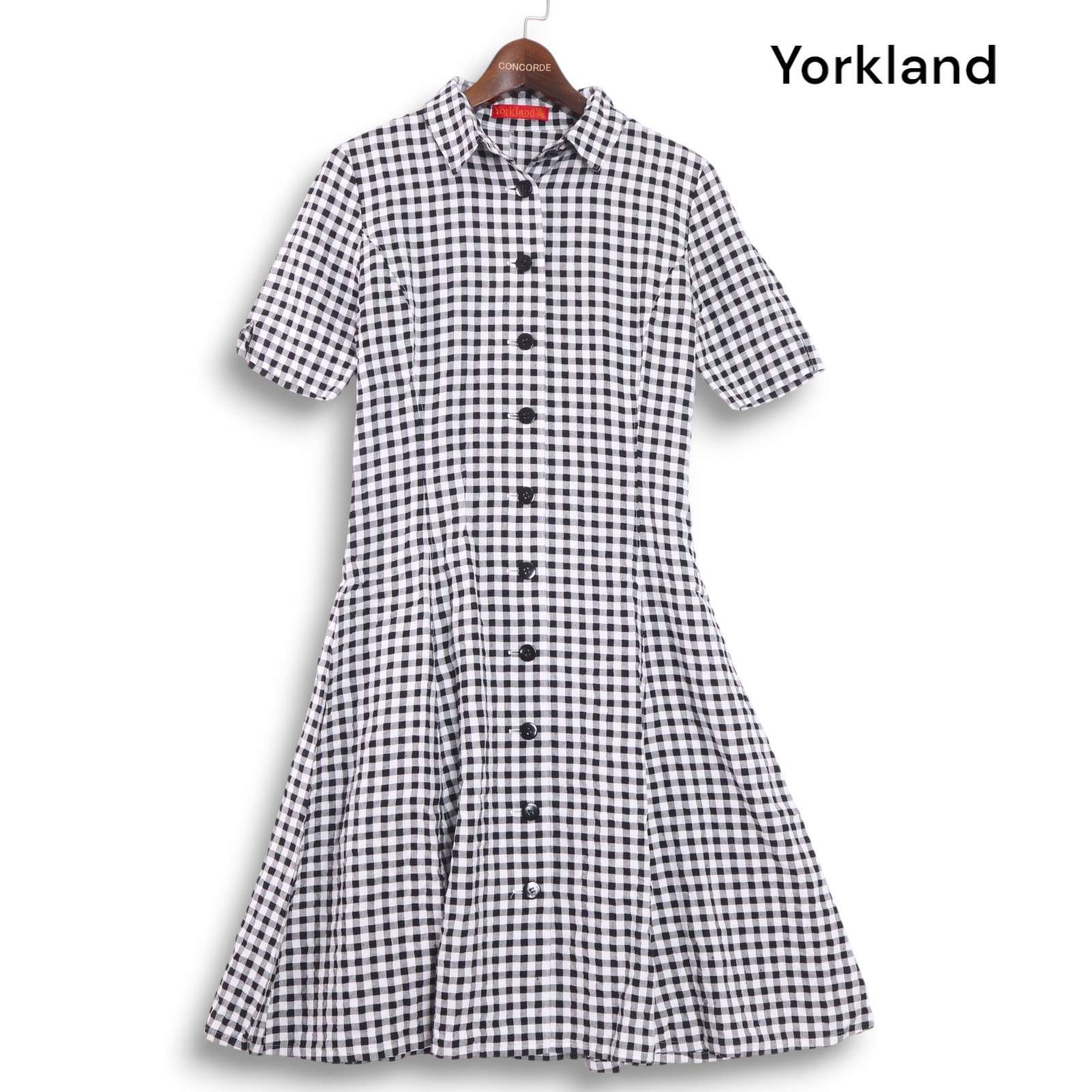 ヨークランド YORKLAND ワンピース 7 半袖 チェック フリル ひざ丈 紺 ネイビー 春夏 レディース yorklandチェック柄 半袖ひざ丈ワンピース ヨークのチェック柄 半袖 膝
