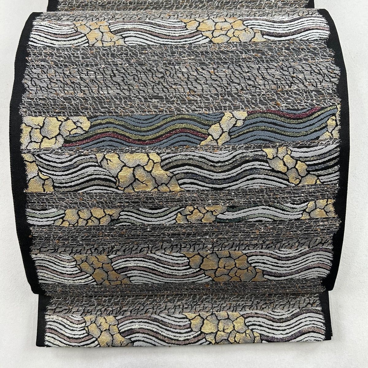袋帯 美品 秀品 証紙 段縞 岩壁 箔 金糸 墨色 六通 正絹 【中古
