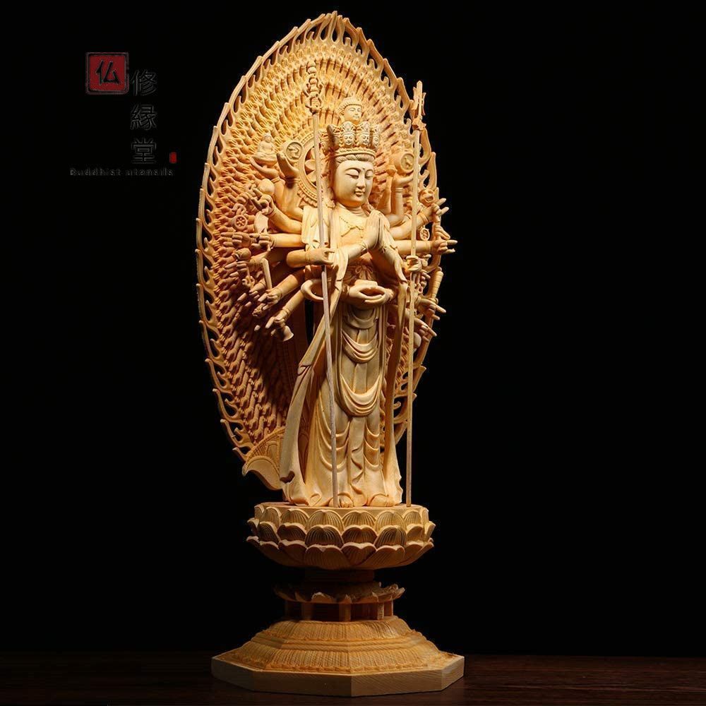修縁堂】大迫力 木彫り 仏像 千手観音菩薩立像 彫刻 一刀彫 天然