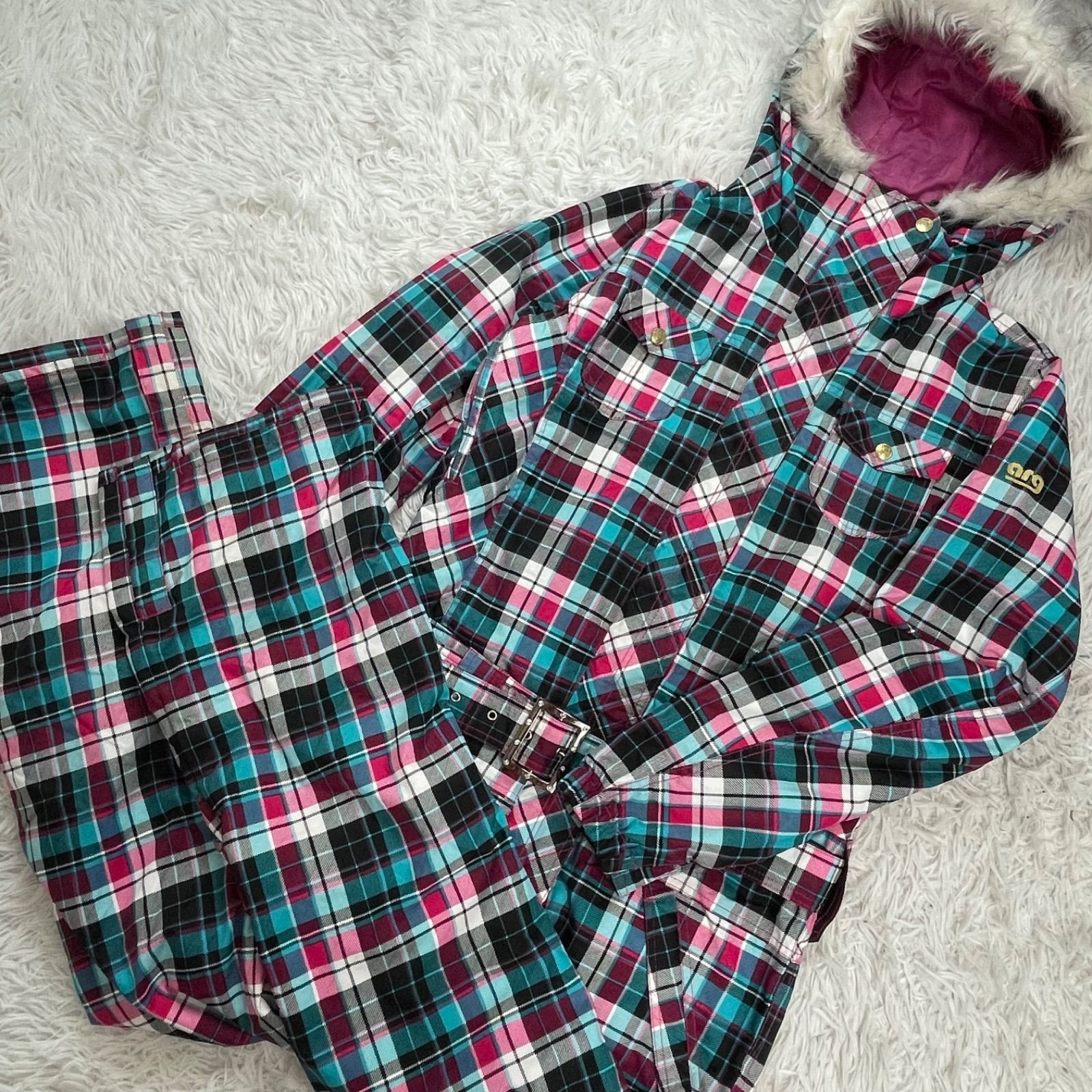 ARG スノーウェア L スキースノボウェア ツナギ ファー ジャンプスーツ オールインワン スノーボード アシックス社