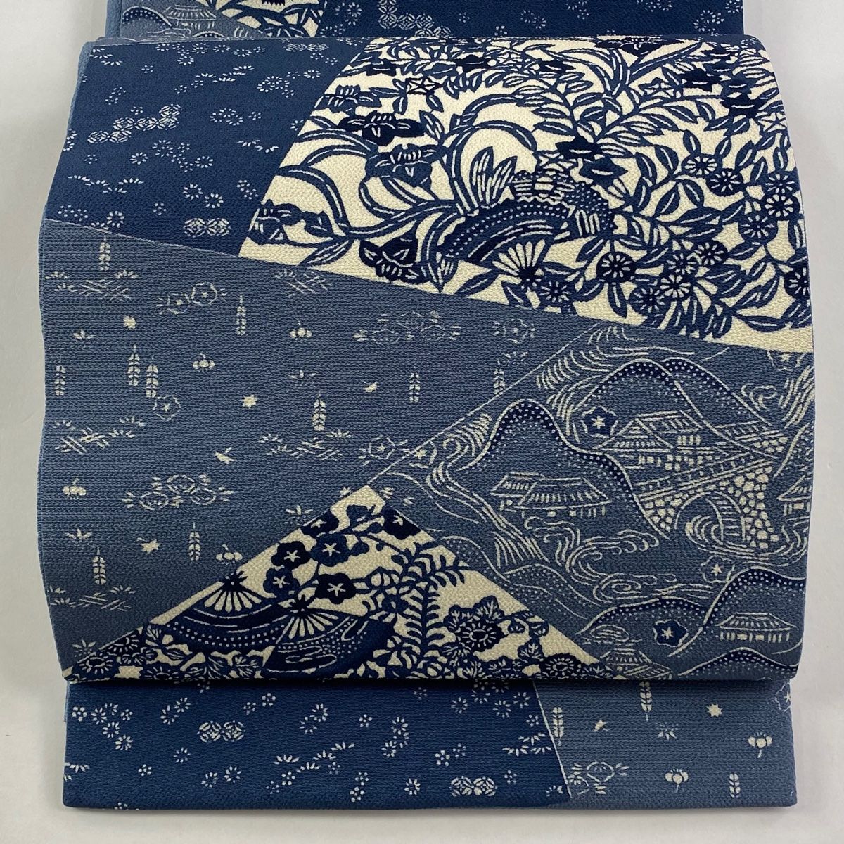 栗山吉三郎　染め袋帯 袋帯 美品 逸品 栗山吉三郎 落款 草花 扇 縮緬 青灰色 全通 正絹
