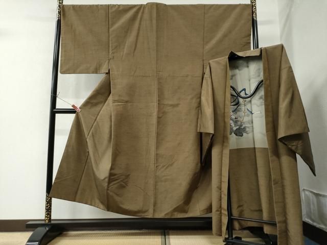 平和屋着物○男性 紬 アンサンブル 色無地 朽葉色 羽裏：風神雷神 正絹