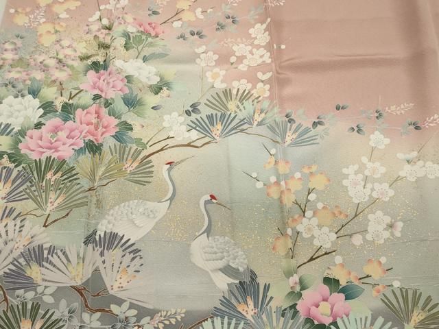平和屋着物□訪問着 友禅 作家物 刺繍 群鶴松葉花文 暈し染め 金彩  