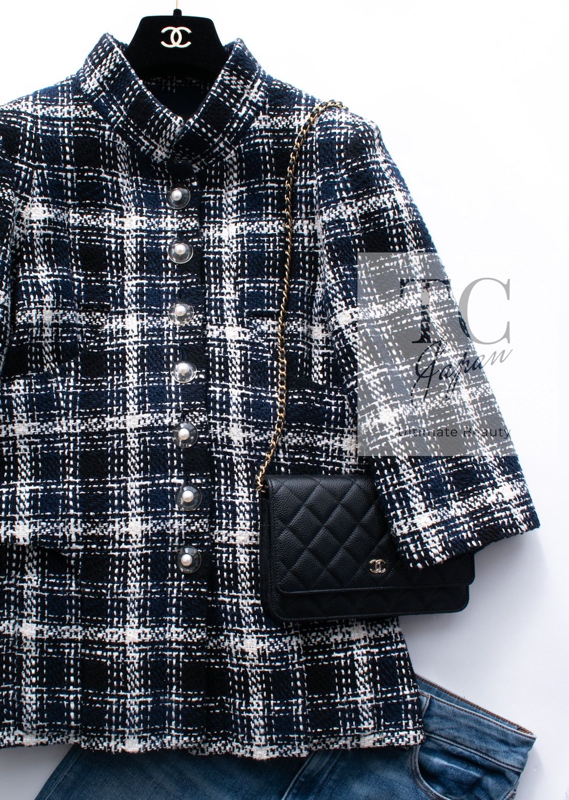 CHANEL - シャネル ジャケット CHANEL ネイビー チェック ノーカラー コットン ツイード カール・ラガーフェルド作品 超美品 34 シャネル ジャケット CHANEL ネイビー ブラック 黒 紺 コットン