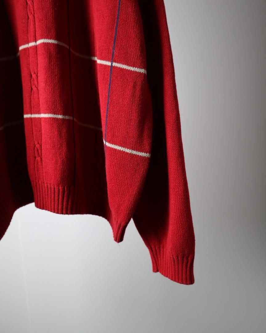 【vintage】ケーブル編み×チェック柄 コットン ニット セーター 赤 XL