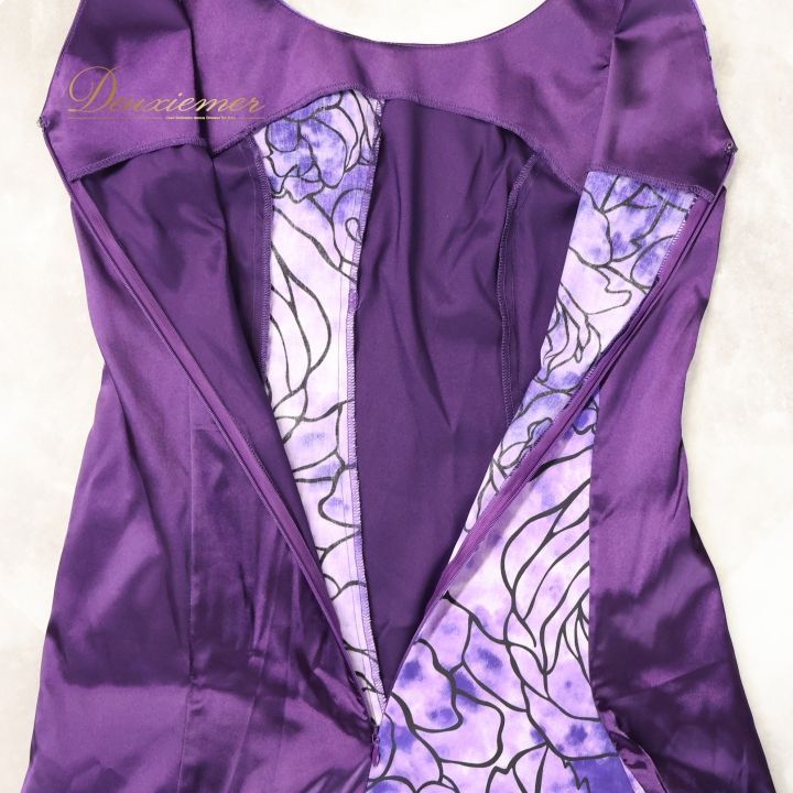 【美品 ハワイ製 フラダンス衣装】パープル CC Fashions ワンピース ドレス 紫 レフア柄 花柄 レース 上品 鮮やか 伸縮 可愛い フラダンス用衣装 ハワイ製】CC FASHIONS ピンクパープル ワンピース