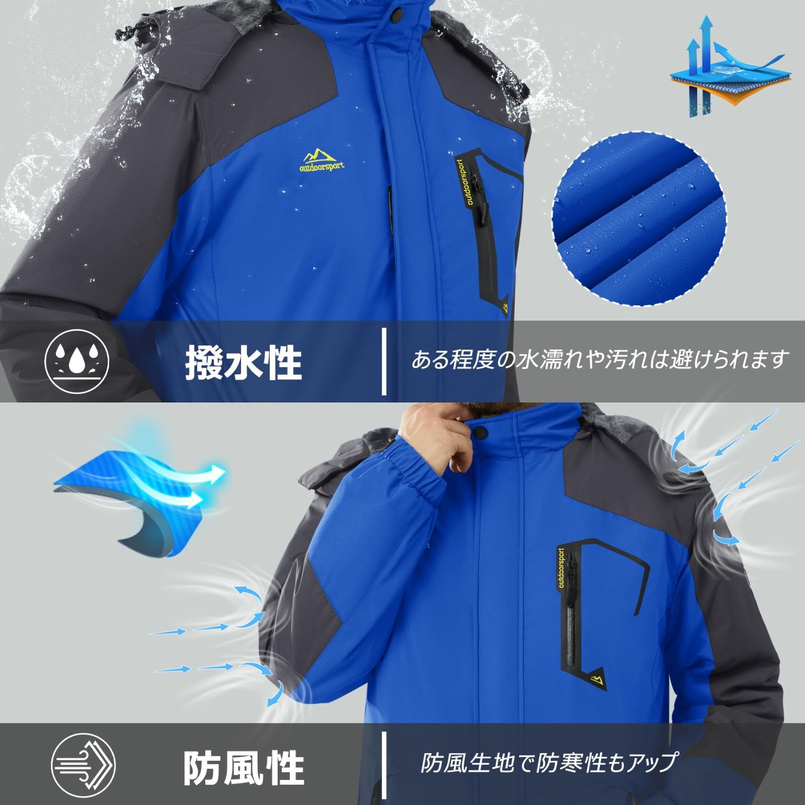 ジャケット スキー フード取り外し可能 フリース 撥水加工 XL ブルー ジャケット スキー フード取り外し可能 フリース 撥水加工 XL ブルー