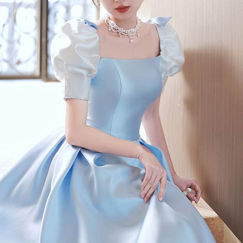 イブニングドレス 半袖 パフスリーブ 発表会ドレス ロングドレス パーティードレス ブルー Aラインドレス 結婚式ドレス 二次会ドレス お呼ばれドレス 編み上げ プリンセス 0939