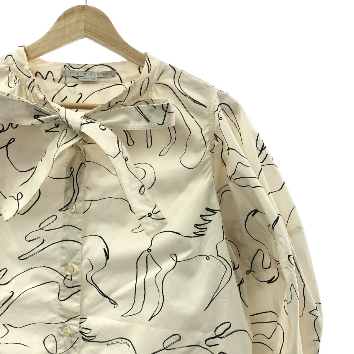 STELLA McCARTNEY / ステラマッカートニー | Doodle Print アニマル 総柄 ボウタイ パフスリーブ 7分袖ブラウス | 38 | アイボリー | レディース STELLA McCARTNEY / ステラマッカートニー | Doodle Print アニマル 総