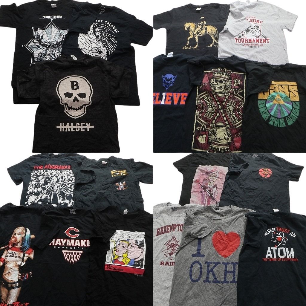 古着卸 黒 グレー ボディ プリント 半袖Tシャツ 18枚セット メンズ S 大判プリント チームロゴ ワンポイント 古着 NA1952