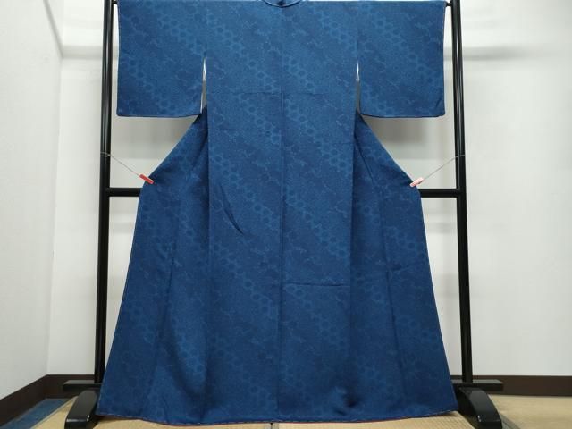 平和屋着物●上質な小紋　紬地　藍　型染め　草木文　正絹　逸品　CAAT7126vf 平和屋着物○上質な小紋 紬地 藍 型染め 草木文 正絹 逸品