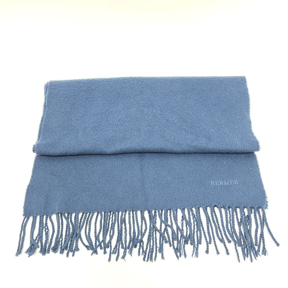 HERMES エルメス マフラー ロゴ刺繍 カシミヤ ブルー